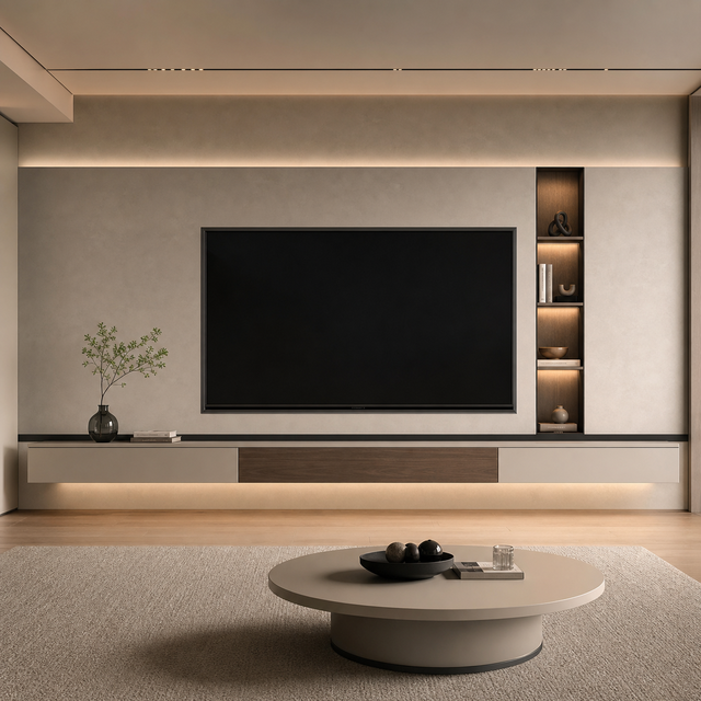 Minimalist Eco-friendly Plywood TV Unit with LED Display Screen and Large Storage Drawers for Hotel Living Room Contemporary Use