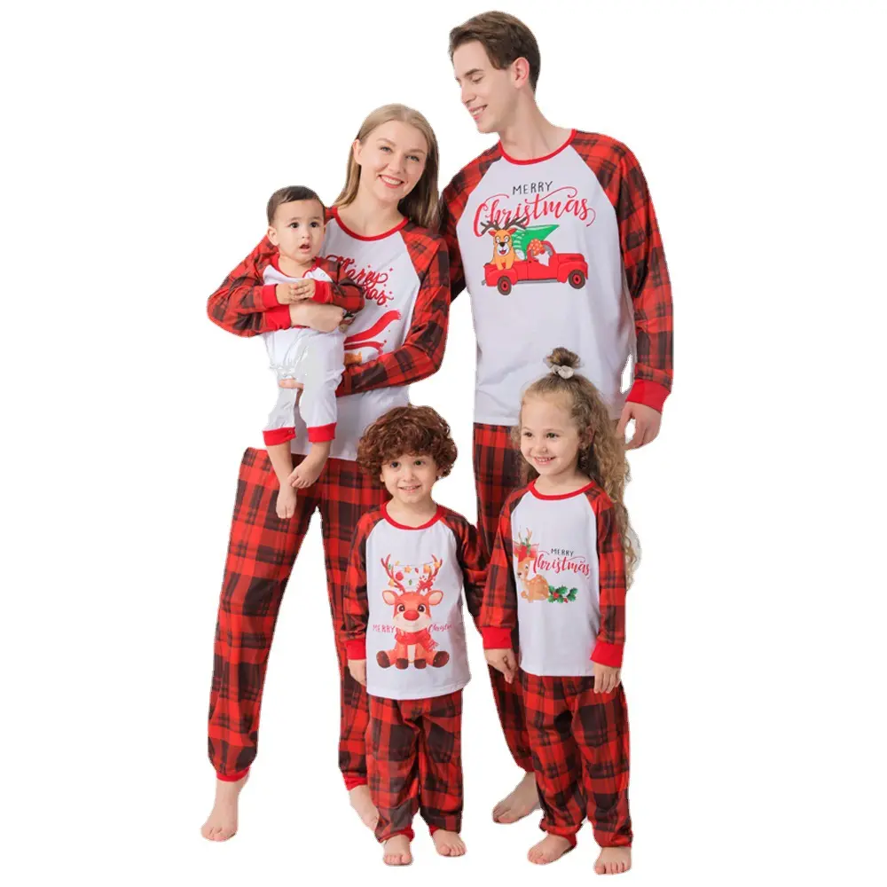 Noel aile pijamaları eşleşen seti ekose Pjs çiftler ve çocuklar bebek Rudolph pijama
