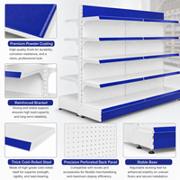 Étagère de supermarché métallique légère double face à 5 niveaux avec dossier réglable et garniture blanche et bleue