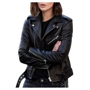 女性の新しいトップスオートバイレザージャケット卸売ブラックレディースジッパープラスサイズの女性の秋のコート