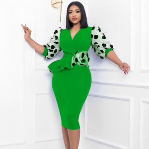 Robe Midi Crayon Élégante pour Femme, Col en V, Imprimé à Pois, Manches Mi-Longues Bouffantes, Couleur Unie, Style Africain <span class=keywords><strong>Falbala</strong></span>, Idéale pour le Bureau en Été - Product Image 4
