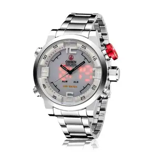 OHSEN AD1608 nuevo estilo plata reloj de cuarzo masculino elegante banda de acero inoxidable resistente al agua doble pantalla reloj de negocios conjunto