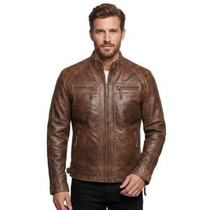 Brown Genuine Leather Waterproof Men's <b>Slim</b> <b>Fit</b> Winter High Street Style Stand Collar Fur Shell Cotton Lined <b>Jacket</b> Custom Logo - Product Image 1