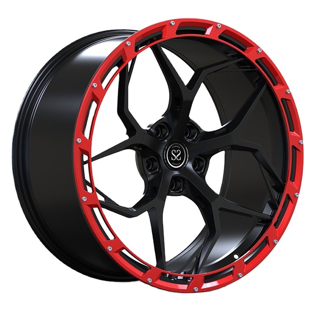 Custom Design Black Spokes Red Cover Rings Monoblock 1 Piece Luxury Forged Wheels for Passenger Car Alloy Rims