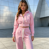 Ensemble sweat à capuche et jogging décontracté rose en molleton de coton brodé, coupe courte et ajustée, style streetwear, écologique, haute qualité, personnalisé pour femme