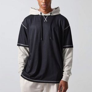 เสื้อฮู้ดแขนสองชั้นผ้าคอตตอนย้อมสีล้วนสำหรับผู้ชายเสื้อสเวตเชิ้ต100% มีฮู้ดสำหรับฤดูใบไม้ผลิ - Product Image 1