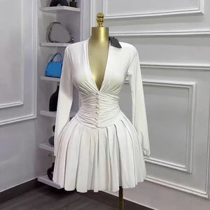 Robe plissée à col en V et manches longues pour femme, style français, taille cintrée, longueur genou - Product Image 4