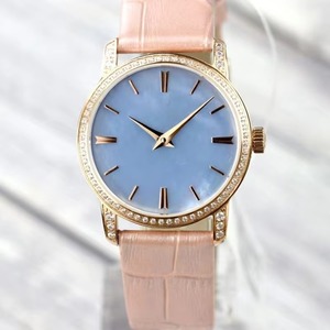 Blue Mother <b>Pearl</b> Dial Ladies <b>Watch</b> Full Iced Stainless Steel Case Sapphire Crystal Genuine Leather Strap - Product Image 2
