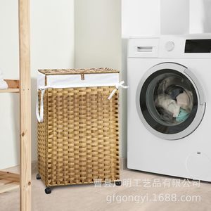 <b>Collapsible</b> Rattan Laundry Basket With Wheels Rectangle Brown Gray Coffee Color Non-Woven Fabric Liner Standing Type Clothing - Product Image 2