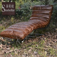 Chaise longue vintage en cuir véritable style mid-century, avec structure en acier inoxydable, dossier capitonné écologique, haute densité, pour chambre et salon