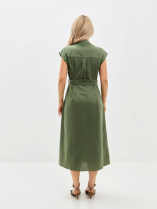 Olive Màu Xanh Lá Cây Rắn Linen Bông Không Tay Áo Sơ Mi Ăn Mặc Cho Phụ Nữ Nút Phía Trước Tự Nhiên Eo Phù Hợp Với Vành Đai Giữa Chiều Dài Mặc Giản Dị - Product Image 3