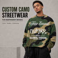 Maßgefertigter Herren Camo Distressed Oversized Boxy Sweatshirt mit Grafik-Print, Strass-Verzierung und Ausgefranstem Saum Streetwear Pullover Private Label