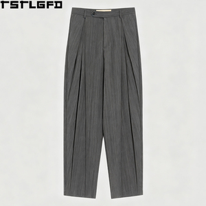 Custom <b>Pinstripe</b> Wool Pants <b>Men</b> Charcoal Grey High Waisted Double Pleat Wide Leg Smart Tailored Dress <b>Trousers</b> Wholesale Bulk - Product Image 4