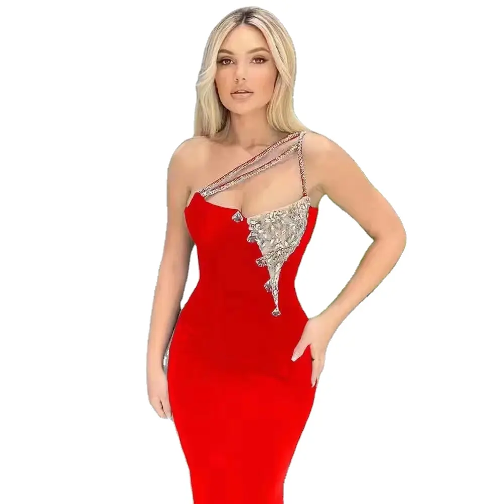 Sexy Red Diamond bandage dress High Quality Spaghetti Strap Party dresses