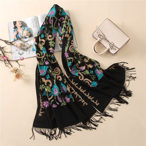 New Design Winter Women Pashmina Solid Color Tassel <strong>Shawl</strong> <strong>Embroidered</strong> Floral Cashmere Scarf - Product Image 3