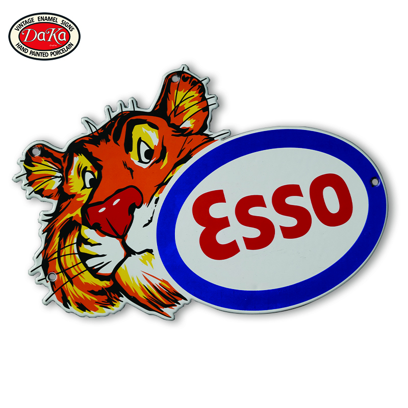 US Vintage Esso Tiger Die Cut Porcelain Enamel Plate Sign