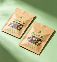 Sachets de thé en papier kraft biodégradable avec impression personnalisée, scellage plat sur 3 côtés, emballage avec encoche de déchirement et fermeture éclair pour fleurs séchées