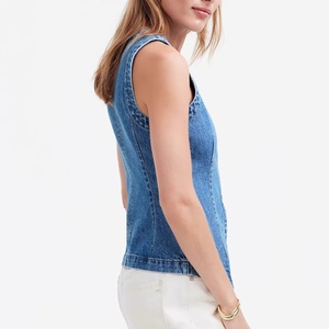 <span class=keywords><strong>Chaleco</strong></span> sin Mangas de Mezclilla Azul Vintage con Logotipo Personalizado, Estilo Francés Chic, Corte Entallado, Abotonado, Estilo Urbano, Detalle de Costura Lateral, <span class=keywords><strong>Chaleco</strong></span> para <span class=keywords><strong>Mujer</strong></span> - Product Image 3