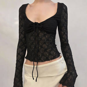 Chemise pour femme à manches longues, col en V, détails de nœud, ajustée, en dentelle noire florale respirante, style punk gothique - Product Image 6