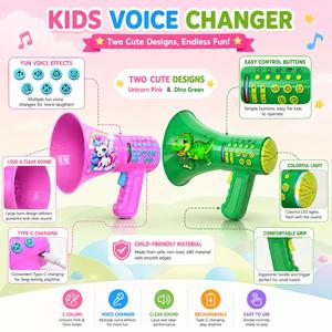 Robot Magique Changeur de Voix pour Enfants, 5 Effets Sonores Amusants, Lumière RGB, Design <span class=keywords><strong>Licorne</strong></span> Dinosaure, Rechargeable Type-C - Product Image 2