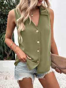 Atasan Kantor Wanita Tanpa Lengan Warna Solid Berkualitas Tinggi, Kemeja Vest V-neck, Blus Musim Panas untuk Wanita - Product Image 1