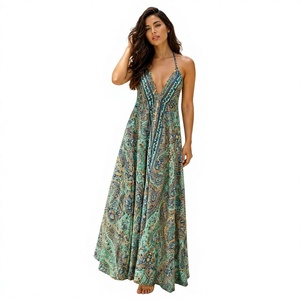 Robe longue en mousseline de soie tissée florale bordeaux, col en V, coupe trapèze, taille naturelle, style bohème, pour festival, été, vacances, tenue de plage pour femme - Product Image 1