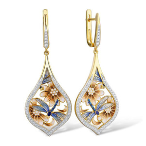 Orecchini pendenti smaltati a forma di libellula floreale per donna, gioielli eleganti in stile pastorale vintage - Product Image 1