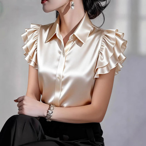 Nouvelle <span class=keywords><strong>Blouse</strong></span> d'été à revers en satin à volants et manches courtes pour <span class=keywords><strong>femme</strong></span> - Product Image 1