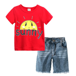 Conjunto de dos piezas de verano para niños 100% algodón cuello de bebé de manga corta Top pantalones cortos de mezclilla traje para niños mayores de <span class=keywords><strong>9</strong></span> años con logotipo - Product Image 2