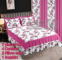 En Stock, Parure de Lit Luxe 7 Pièces Jupe de Lit Imprimée Florale Taille King avec Rideaux Assortis et Drap Housse