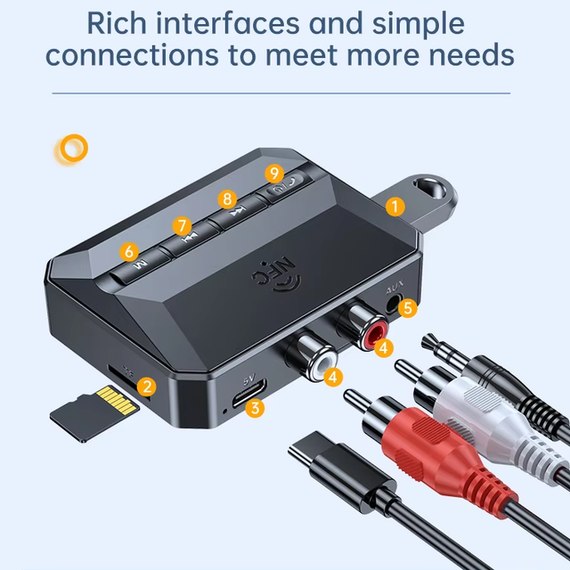 High Quality NFC Bluetooth 5.3 Audio adapter, USB Play RCA AUX Jack Wireless Adapter with USB TF card Play