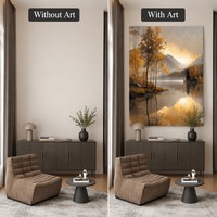 Peinture à l'huile texturée 3D à l'impasto, paysage abstrait moderne de montagne et d'eau, appliquée à la main, cadre métallique noir, toile, nouvelle œuvre d'art murale