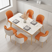 Ensemble de table à manger en pierre frittée effet marbre, rectangulaire, 6 places, chaises tubulaires, pieds en bois effilés, meubles de salle à manger pour la maison