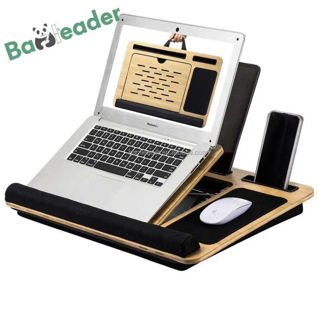 Laptop Desk Lap Stand Laptop Riser portatile con cuscino Monitor Riser all'ingrosso regolabile buon bambù con angolo di cuscino in legno