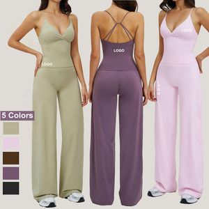 Yoga-Hersteller Fitnesskleidung mit Eigenem Logo Yoga-Sets für Große Frauen Tiefer V-Ausschnitt Tanktop 2-teiliges Yoga-Gym-Set mit Weiten Hosen - Product Image 1