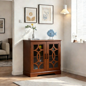Buffet spacieux avec 2 portes vitrées, étagère réglable, meuble de rangement en MDF chêne foncé - Product Image 5