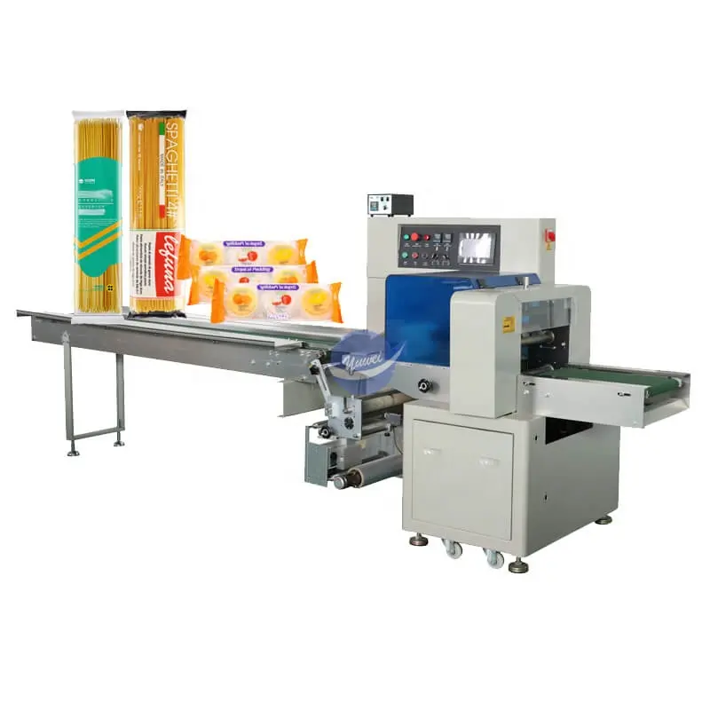 Máquina de embalaje de bolsas de pan de PVC con película elástica automática, máquina de impresión de paquete de barra de proteína de galletas bizcochos