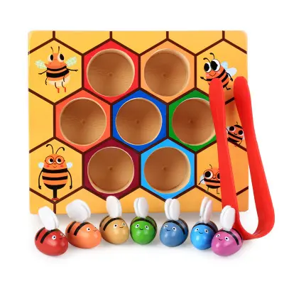 유아 미세 운동 기술 장난감 클램프 꿀벌과 하이브 매칭 게임, 몬테소리 나무 색상 정렬 퍼즐 바쁜 꿀벌 보드