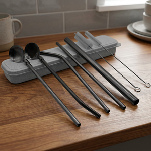 Reusable Metal <b>Drinking</b> <b>Straws</b> Set with Spoon and Cleaning Brush 4-Pack Minimalist Cocktail Bar Accessories - Product Image 6