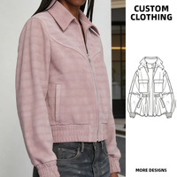 Blouson Bomber en Daim Rose Poudré à Motif Géométrique pour Femme, Col Revers, Fermeture Éclair, Ourlet Côtelé, Décontracté, Automne/Hiver, Coupe-Vent, Imperméable, OEM