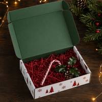 Caja de Cartón Corrugado para Envíos con Logotipo Personalizado, Ecológica, Hecha con Materiales Reciclados, Impresa con Copos de Nieve Navideños en Blanco y Verde