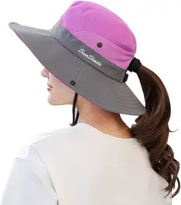 Özel moda işlemeli iki ton güneşlikli kep seyahat dağ tırmanma bayan at kuyruğu kova şapka için kendi logosu ile