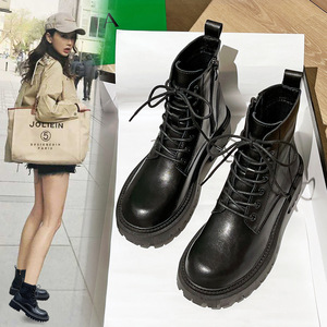 Bottines classiques pour femmes en cuir véritable rétro, imperméables, à semelle épaisse en caoutchouc, rehaussantes, pour le printemps/l'automne/l'hiver, en daim - Product Image 4