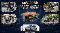 Batterie au lithium LiFePO4 60V 20Ah pour scooter électrique, moto avec BMS intelligent, OEM ODM
