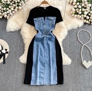 Robe pour femmes, <span class=keywords><strong>vêtements</strong></span> pour femmes sur mesure, nouvelle robe en denim à col rond et manches courtes, robe décontractée tendance pour femmes - Product Image 5