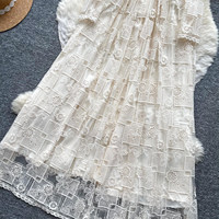 Robe longue décontractée pour femme, élégante, en dentelle brodée, à manches longues, coupe trapèze, avec cordon de serrage à la taille, pour tous les jours et les soirées