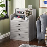 Table de chevet avec station de charge, table de nuit avec huche et tiroirs de rangement, table d'appoint pour chambre à coucher, gris