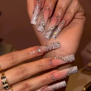 24 faux ongles longs carrés à presser, brillants, avec strass, style French, couvrance totale, pour femmes - Product Image 3