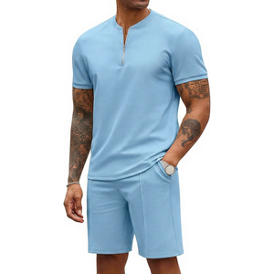 Conjunto de Shorts Casuales de Verano para Hombre, Color Azul Claro, Tejido de Punto, Secado Rápido, Color Sólido, Dos Piezas - Product Image 1