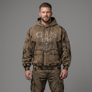 Sweat à capuche oversize imprimé Chaos pour homme, style streetwear, tie-dye rouge, avec poches, manches classiques, coupe en molleton bouclette, style automne - Product Image 4